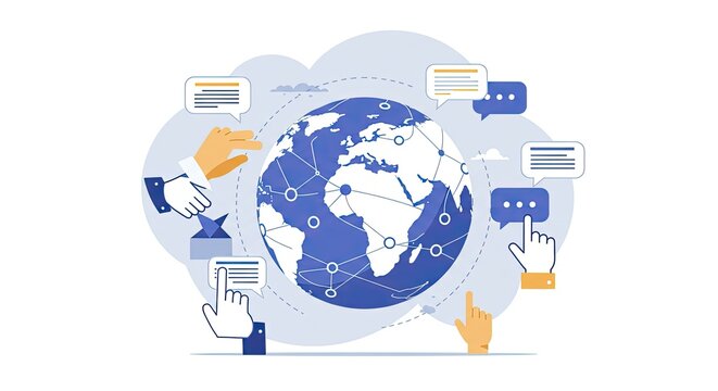 Global communication and networking concept featuring hands interacting with speech bubbles around a connected world map, perfect for business and tech.