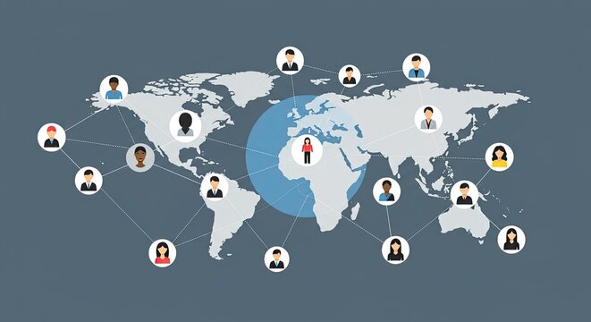Global network connecting diverse people across the world, perfect for illustrating international business, teamwork, and communication strategies