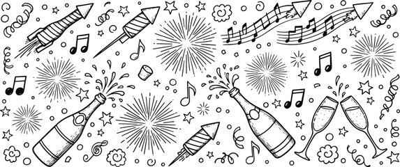 Hand-Drawn New Year Celebration Elements with Fireworks, Champagne, and Musical Notes on Transparent