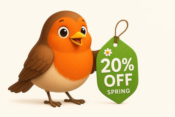 Fototapeta premium Cheerful bird holding green tag with 20 percent off spring sale, cute cartoon style, orange and brown feathers, happy expression, white background, seasonal promotion