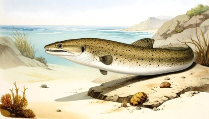 Detailed illustration of a long, eel-like fish in a coastal scene
