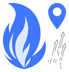 Blue flame motif paired with a location pin and upward-pointing arrows. Ideal for direction, progress, energy, navigation, focus, movement, strategy and motivation visuals. Simple flat metaphor