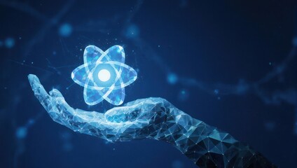 Hand holding a digital atom structure, glowing with light, representing scientific concept