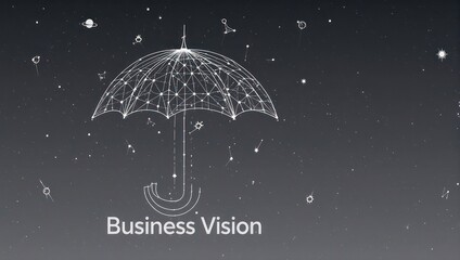 Graphic with an umbrella composed of lines and dots, surrounded by floating shapes on a dark background