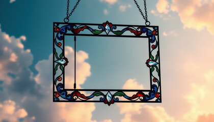 Artful stained glass photo frame suspended in dreamlike, fantastical setting