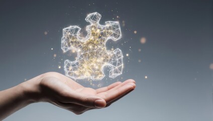 Hand cradling a glowing digital jigsaw puzzle piece, representing concept or solution