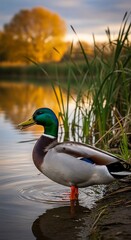 Mallard Duck by the Lake at Sunset - A Serene Wildlife Moment.