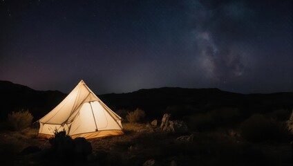 Illuminated tent in a dark desert landscape under a starry, cloudy night sky