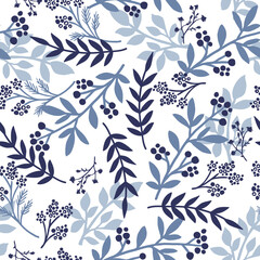 Navy Blue Botanical Pattern with Wild Floral. Perfect for fabric, wallpaper, packaging, wrapping paper, and elegant nature-inspired designs.