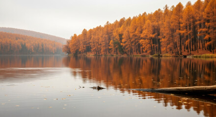 Fototapeta premium Breathtaking autumn landscape reflecting in calm lake waters, creating a vibrant scene perfect for nature lovers and travel inspiration