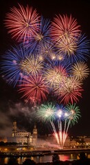 Spectacular Fireworks Display Over City Skyline at Night.