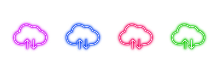Neon glowing cloud upload download vector icons set, data storage, internet, network, computing, digital technology, vibrant outline illustration on transparent  background.