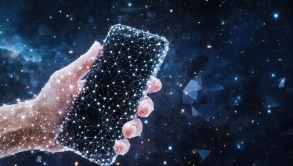 Hand holding a smartphone overlaid with a glowing network, on a background of stars and triangles