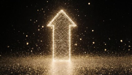 Illuminated arrow pointing upwards on a dark background with sparkling particles