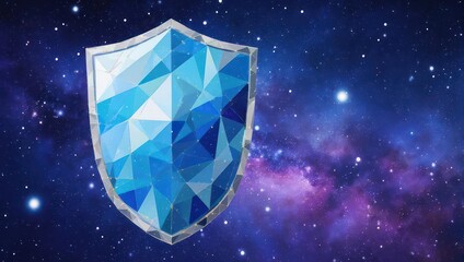 Geometric shield in the cosmos, showcasing facets, textures, and vibrant space hues