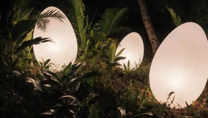 Illuminated, egg-shaped lights nestled among lush greenery in a nighttime setting