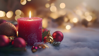 Christmas candle and decorations on a white background with copy space, in a red color theme with gold details.