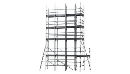 Metallic scaffolding structure against a black backdrop, complex framework visible