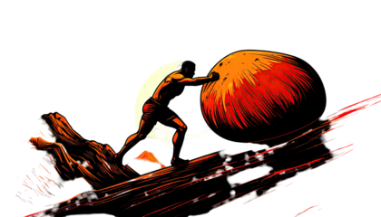 A muscular figure struggles to push a large, glowing orb uphill under moonlight