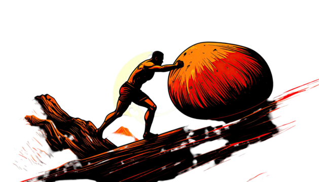 A muscular figure struggles to push a large, glowing orb uphill under moonlight