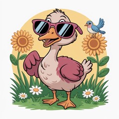 A cheerful cartoon duck wearing sunglasses stands among colorful flowers, exuding a fun and playful vibe.