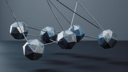 Geometric silver-toned orbs connected by wires, arranged to evoke scientific conceptualization