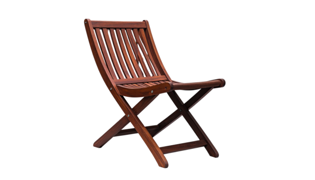 A solitary, dark wooden folding chair stands against a black background