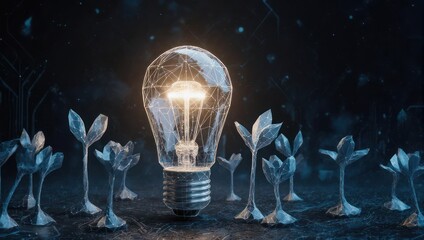 Illuminated lightbulb composed of lines, with growing plant-like structures against a dark, textured background