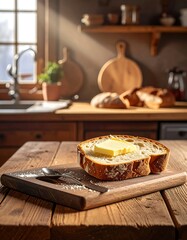 Slice of bread with butter on a wooden cutting board