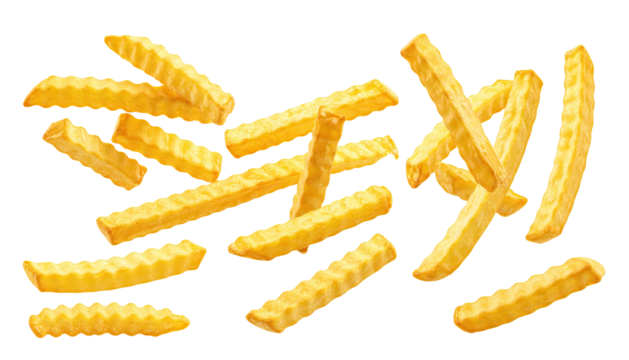 Golden, crinkle-cut potato sticks, isolated, ready for consumption on a black background