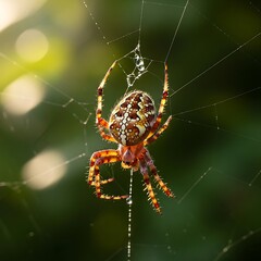 European Garden Spider on Web with Green Background.