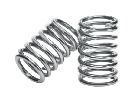 Two coiled, shiny, silver springs sit on a black background. One leans