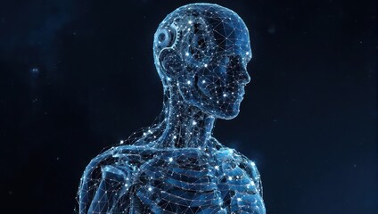 Holographic human figure, skeletal structure, glowing dots, connecting lines, technological concept