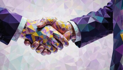 Geometric low-poly illustration of two business people shaking hands with colorful skin patterns