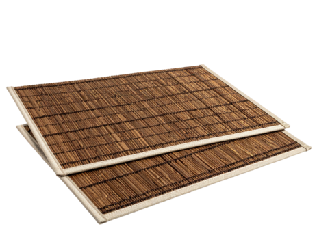 Two rectangular woven mats made of bamboo, with white borders, on black background