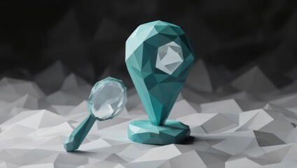 Geometric teal location marker and magnifying glass on a textured gray and white background