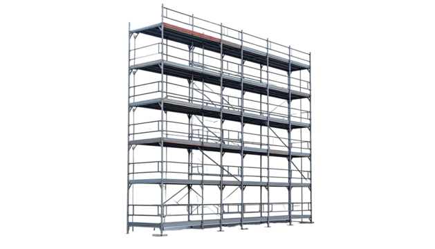 A metal scaffolding structure with multiple levels, against a black background - Powered by Adobe