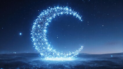 Illuminated crescent moon made of glowing dots, against a starry night background, tranquil scene