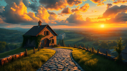 Scenic view of an old stone house on a hill with a stone path leading up to it, with a stunning sunset and dramatic clouds in the background. The surrounding landscape features lush greenery, rolling 