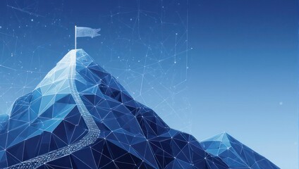 Geometric mountain with a flag, path to peak, and network-like connections on a blue background