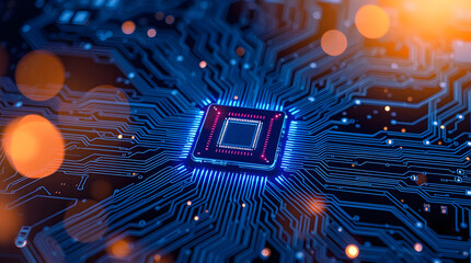 High quality image illustrating a detailed microchip with intricate circuit board patterns. The image conveys concepts of technology, computing, and advanced engineering, useful for projects related t
