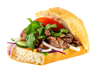 Freshly made sandwich featuring layers of meat, veggies, and herbs on a baguette