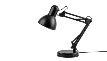 Black desk lamp, adjustable arms, round base, angled shade, black backdrop, clean, modern look