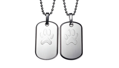 Two matching metallic dog tags with paw print emblems, on beaded chains, against black