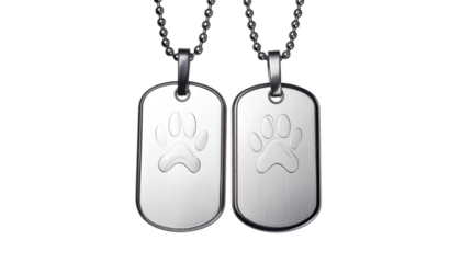 Two matching metallic dog tags with paw print emblems, on beaded chains, against black