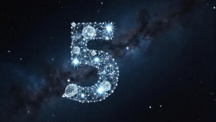 Illuminated number five, composed of planet and star illustrations, against a starry night backdrop