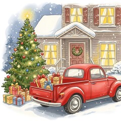 Christmas Truck Delivering Gifts to a Snowy House.