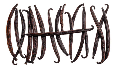 A cluster of dark brown vanilla beans arranged on a stark black background
