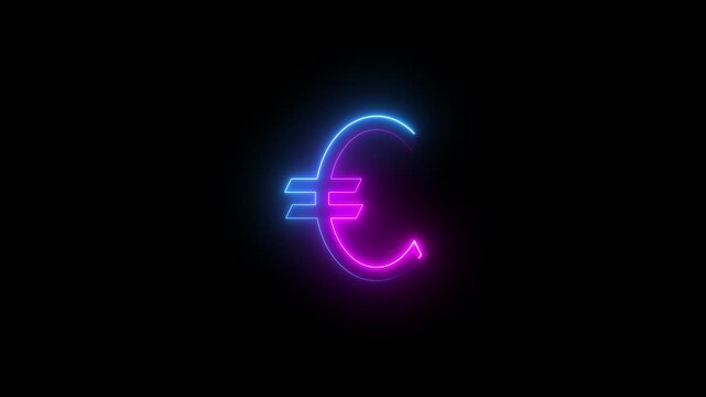 Euro token icon neon glowing animation on black background, digital currency symbol, crypto currency euro coin, fintech blockchain concept, virtual money