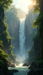 Waterfall Hidden in Jungle Mist